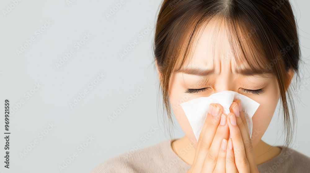 Asian woman sneezing and holding a tissue, suffering from allergic rhinitis Asian woman sneezing and holding a tissue, suffering from allergic rhinitis