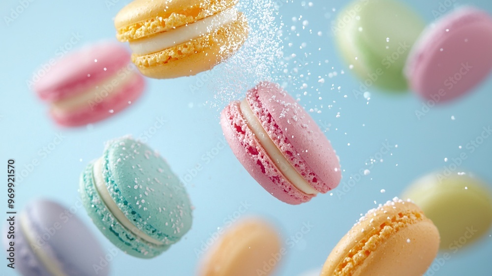 Obraz premium Macaroons in flight with sprinkled sugar