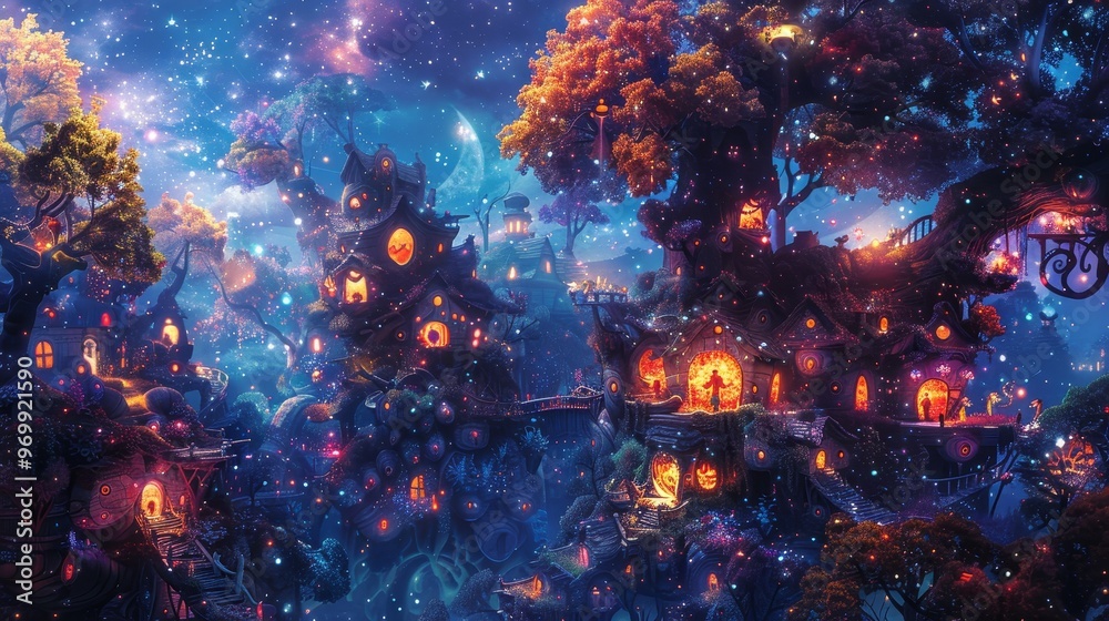 Fototapeta premium Enchanting night scene with illuminated fantasy houses nestled in vibrant, dreamy trees, creating a magical atmosphere.
