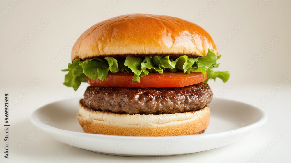 classic beef burger on white plate with fresh toppings classic beef burger on white plate with fresh toppings