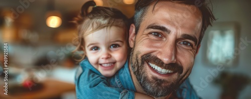 Smiling father doing squats with his young daughter on his back, a playful workout moment.