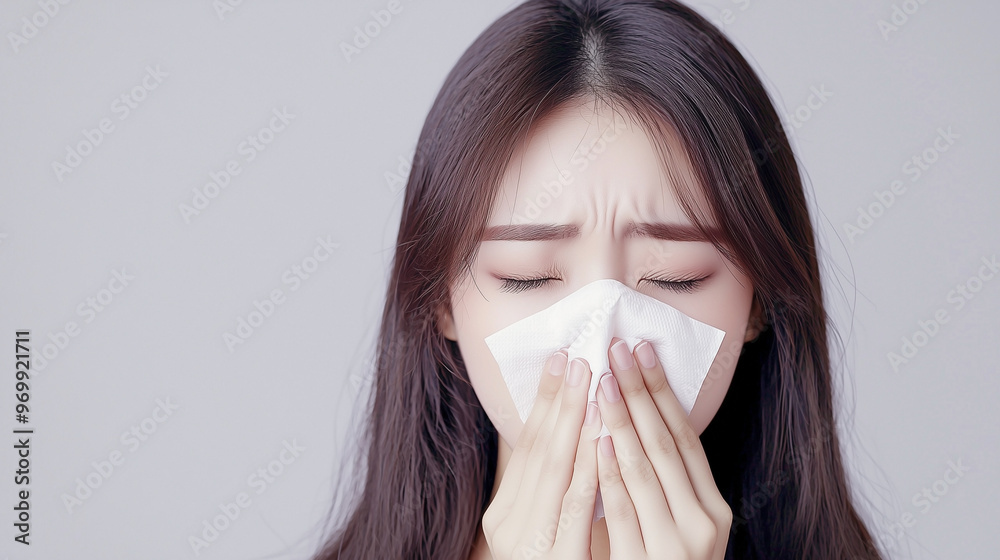 Asian woman sneezing and holding a tissue, suffering from allergic rhinitis Asian woman sneezing and holding a tissue, suffering from allergic rhinitis