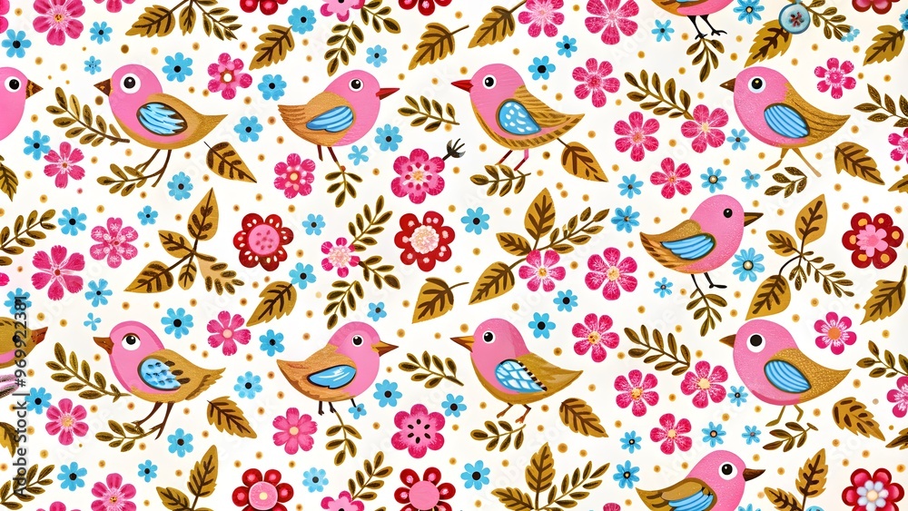 A seamless floral pattern with cute birds in winter for Weddings, anniversaries, birthdays, and parties. Design for banner, poster, card, invitation, and scrapbook A seamless floral pattern with cute birds in winter for Weddings, anniversaries, birthdays, and parties. Design for banner, poster, card, invitation, and scrapbook
