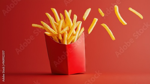   French fries tumble from a red bag onto a red background, with a red box in the foreground containing more