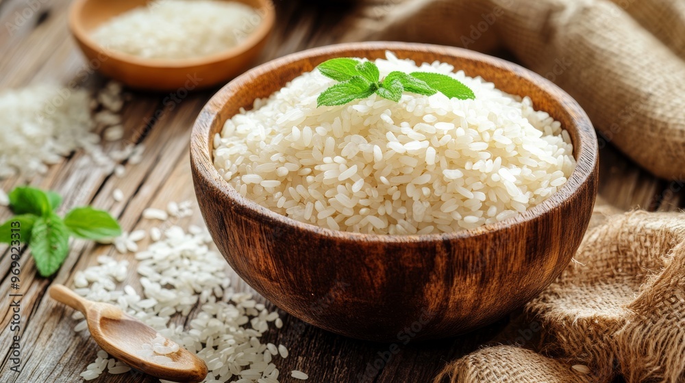 White Rice in Wooden Bowl with Fresh Mint, Wooden Background, Closeup, Food Photography, Rice, Bowl, Mint White Rice in Wooden Bowl with Fresh Mint, Wooden Background, Closeup, Food Photography, Rice, Bowl, Mint