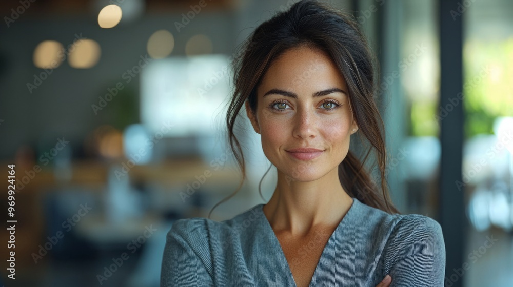 Naklejka premium Portrait of a professional woman in a suit standing in a modern office. Mature business woman looking at the camera in a workplace meeting area.