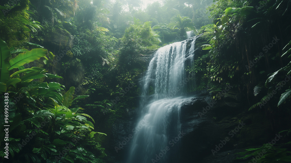 A stunning view of a waterfall cascading through lush, vibrant green tropical rainforest, with mist rising and soft sunlight filtering through the trees. A stunning view of a waterfall cascading through lush, vibrant green tropical rainforest, with mist rising and soft sunlight filtering through the trees.