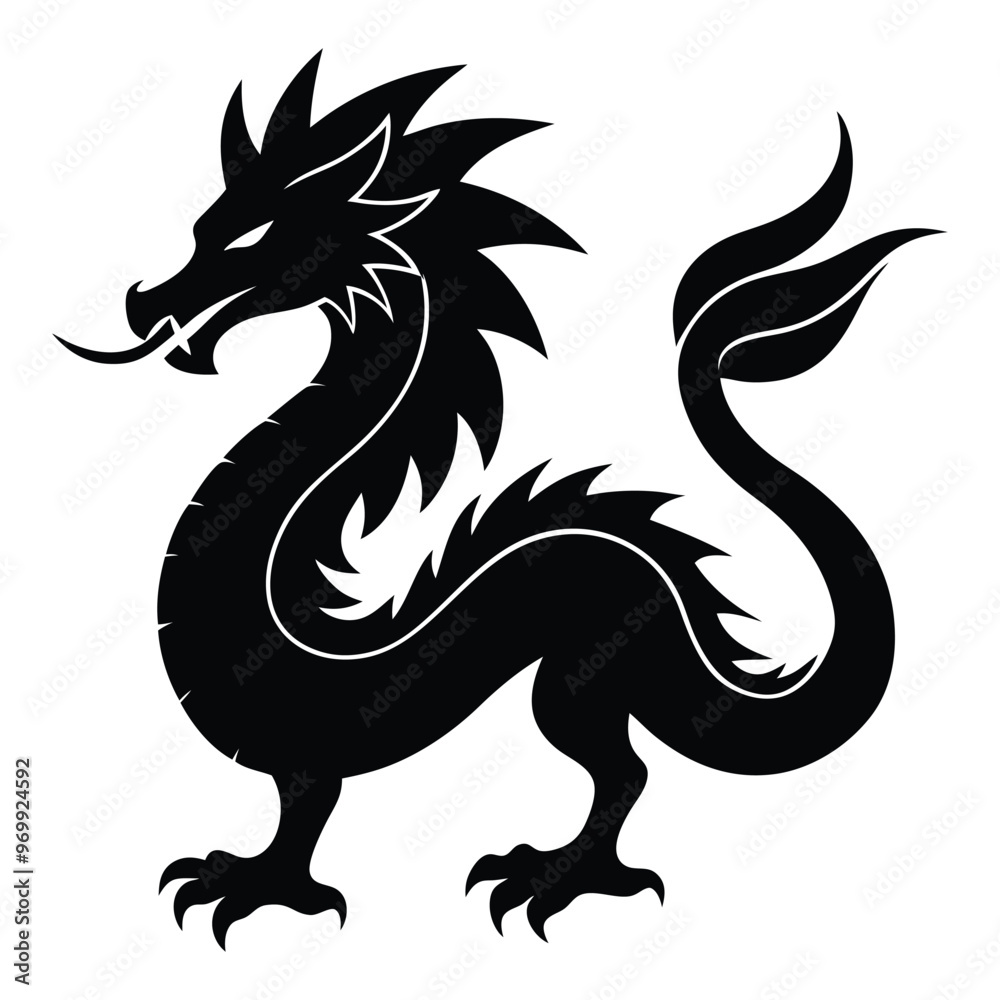 A black dragon with a white background, Dragon Black and White Illustration. isolated on white background A black dragon with a white background, Dragon Black and White Illustration. isolated on white background