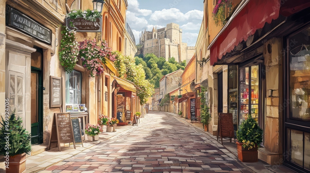 A Sunny Cobblestone Street in a European City with Shops and a Castle in the Distance A Sunny Cobblestone Street in a European City with Shops and a Castle in the Distance