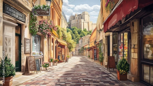 A Sunny Cobblestone Street in a European City with Shops and a Castle in the Distance