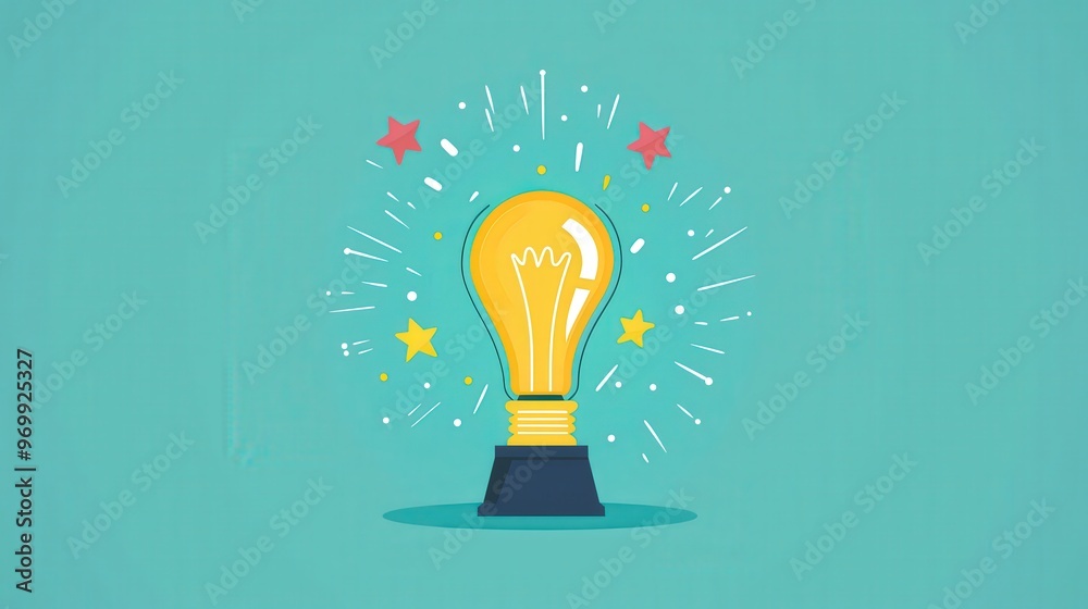 Light bulb with a trophy, ideas leading to winning growth, flat design illustration with copyspace