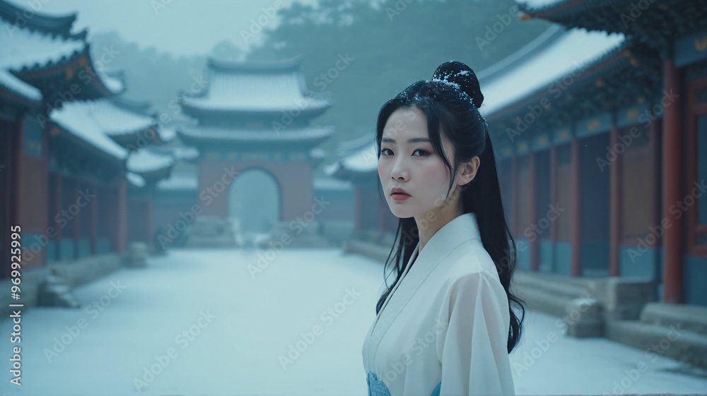 Cinematic Photography of a Chinese Woman in the Forbidden City, – Captivating Winter Landscape, White and Blue Aesthetic, Cultural Elegance, Historic Chinese Architecture, Asian, Beautiful, Snowing Cinematic Photography of a Chinese Woman in the Forbidden City, – Captivating Winter Landscape, White and Blue Aesthetic, Cultural Elegance, Historic Chinese Architecture, Asian, Beautiful, Snowing