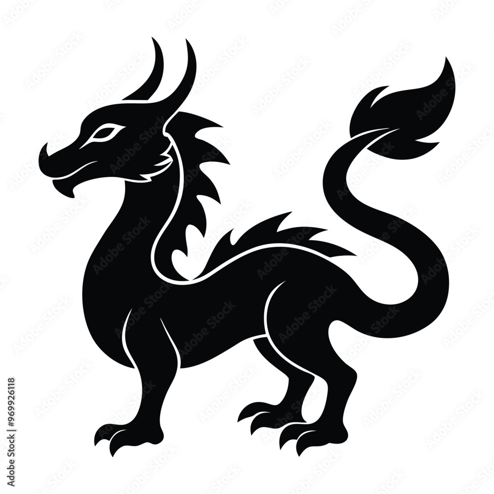 A black dragon with a white background, Dragon Black and White Illustration. isolated on white background A black dragon with a white background, Dragon Black and White Illustration. isolated on white background