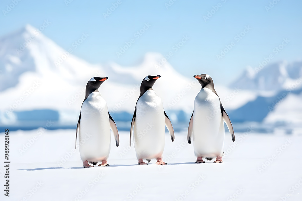 Fototapeta premium Group of Penguins Standing on Snowy Landscape, Antarctic Wildlife and Natural Habitat