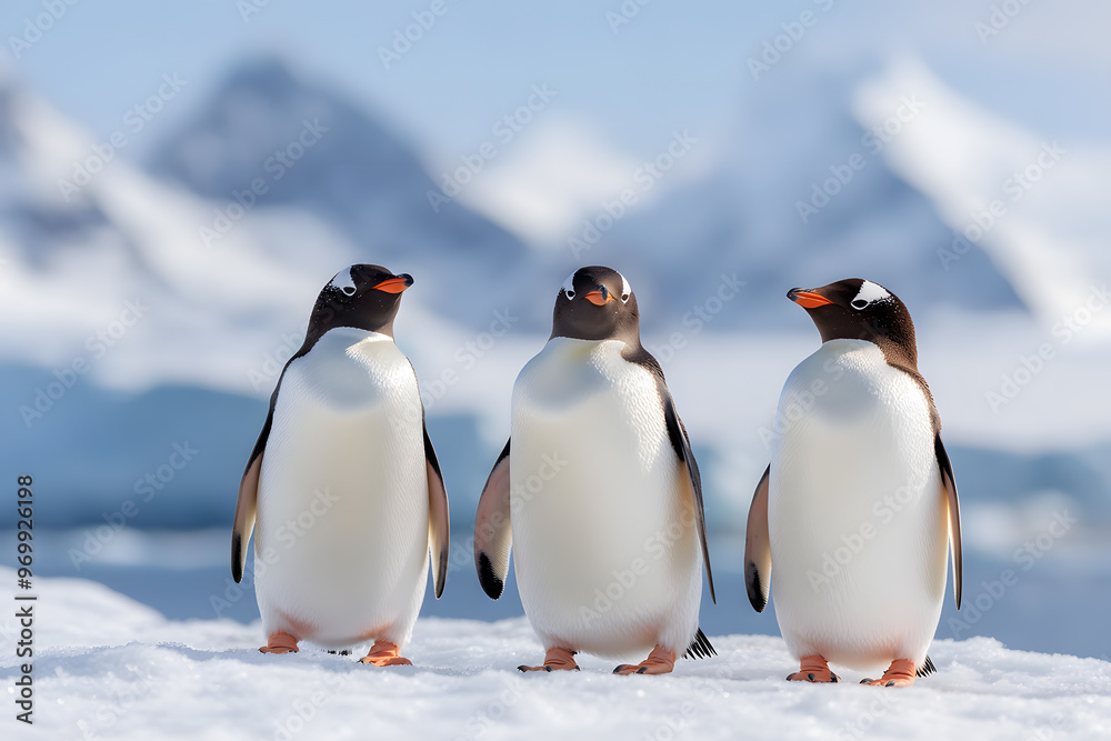 Fototapeta premium Group of Penguins Standing on Snowy Landscape, Antarctic Wildlife and Natural Habitat