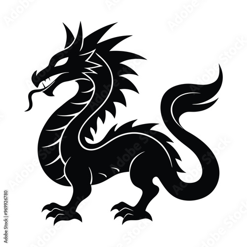 A black dragon with a white background, Dragon Black and White Illustration. isolated on white background