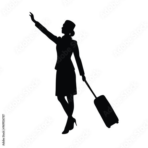 a black silhouette of a stewardess walking with a suitcase, isolated on a white background 