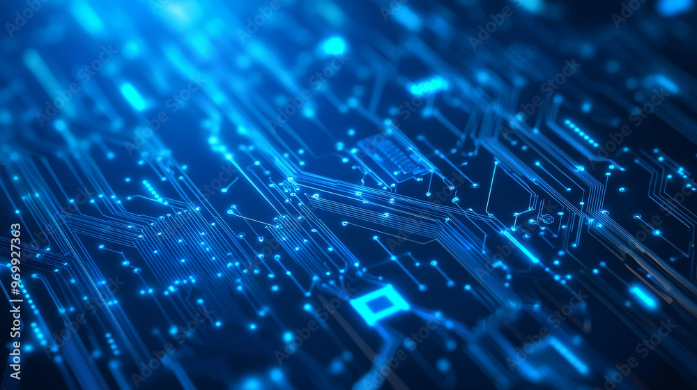 A blue background with a circuit board design. It shows a computer chip, electronic parts, and connected dots. This is a futuristic image of data technology. A blue background with a circuit board design. It shows a computer chip, electronic parts, and connected dots. This is a futuristic image of data technology.