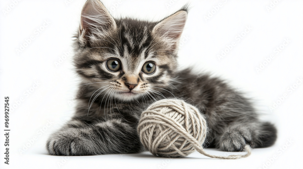 Adorable tabby kitten playing with a ball of yarn on a white background, showcasing its curious nature and playful mood. Adorable tabby kitten playing with a ball of yarn on a white background, showcasing its curious nature and playful mood.