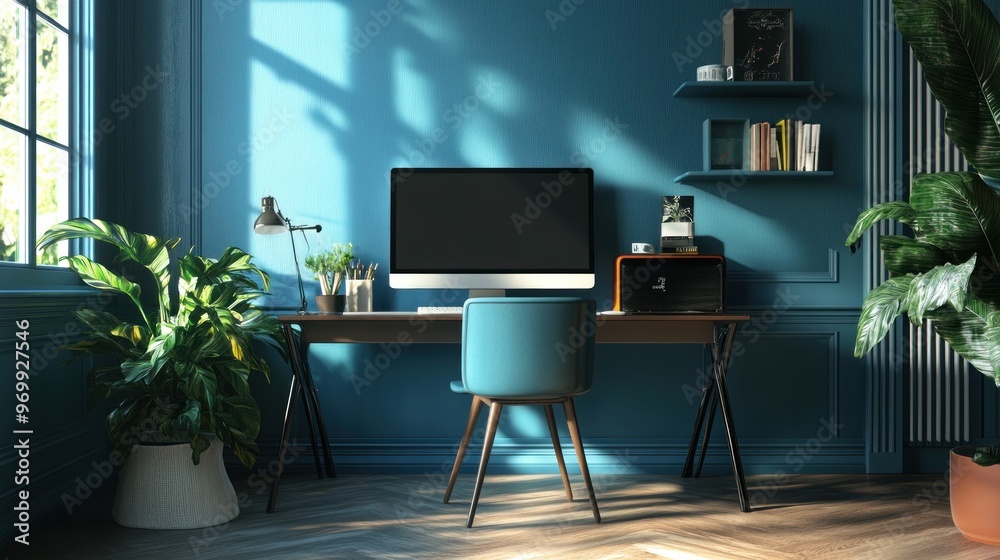 Modern Home Office with Blue Walls and Natural Light Modern Home Office with Blue Walls and Natural Light
