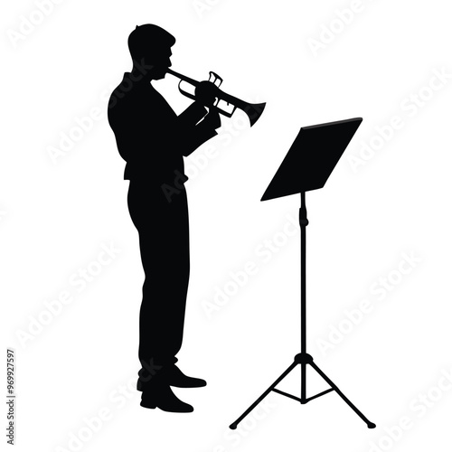 a man playing the trumpet. He is standing in front of a music stand with a sheet of music on it