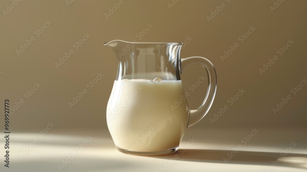 A glass pitcher filled with creamy milk on a simple surface in warm natural light A glass pitcher filled with creamy milk on a simple surface in warm natural light