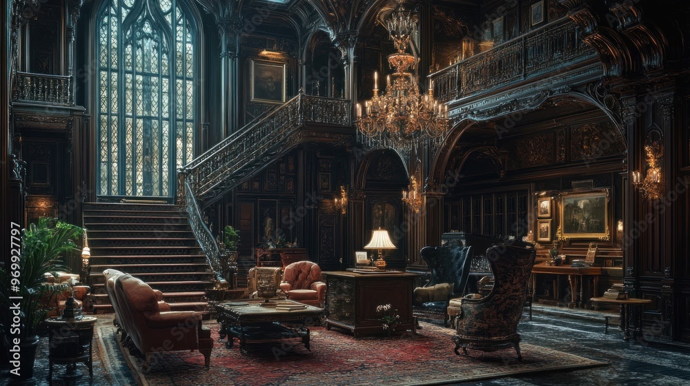 Fototapeta premium A Luxurious Dark Wood Interior with a Grand Staircase and Chandelier