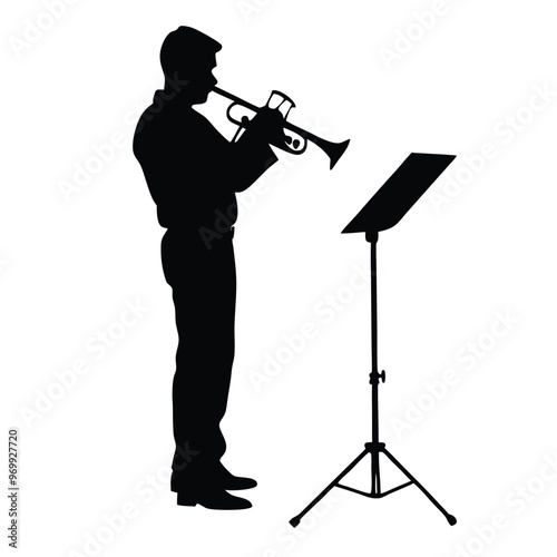 a man playing the trumpet. He is standing in front of a music stand with a sheet of music on it