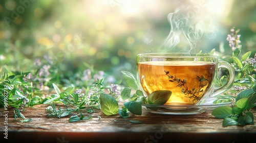 Organic herbal tea, steaming cup with herbs on side, D illustration