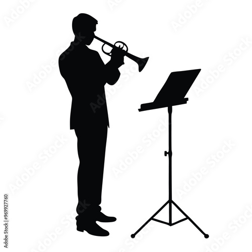 a man playing the trumpet. He is standing in front of a music stand with a sheet of music on it