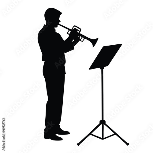 a man playing the trumpet. He is standing in front of a music stand with a sheet of music on it
