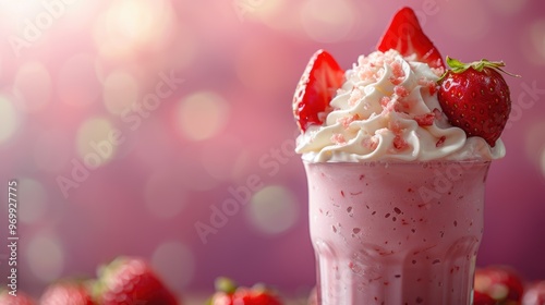 Refreshing strawberry milkshake topped with whipped cream and strawberries in a bright setting photo