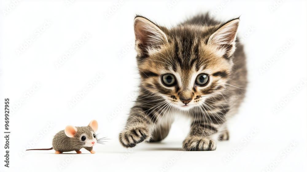 Fototapeta premium A cute tabby kitten curiously plays with a small toy mouse, showcasing its playful nature against a bright white background.