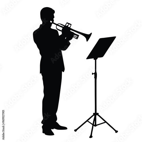 a man playing the trumpet. He is standing in front of a music stand with a sheet of music on it