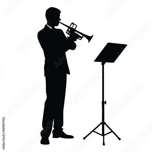 a man playing the trumpet. He is standing in front of a music stand with a sheet of music on it
