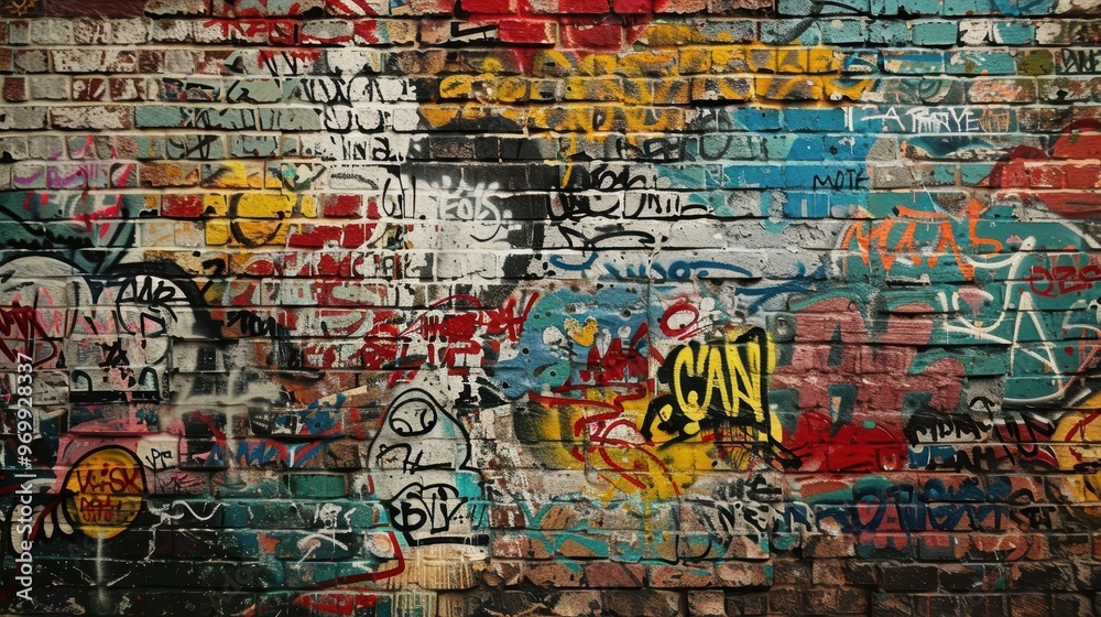 Fototapeta premium Colorful urban graffiti on a brick wall in a city alley capturing vibrant street art culture
