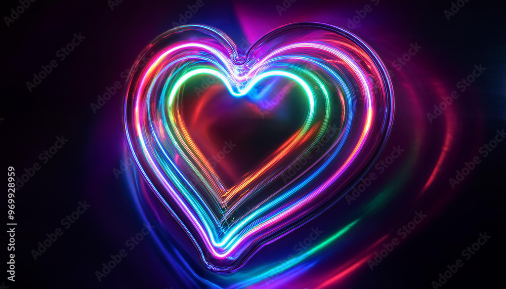 Psychedelic heart with swirling neon lights against dark moody backdrop, distorted, surreal effect. Psychedelic heart with swirling neon lights against dark moody backdrop, distorted, surreal effect.