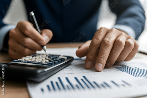 Hands Utilizing Calculator and Pointing at Numbers, Financial Calculation and Data Analysis