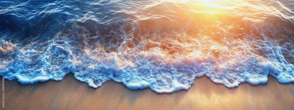 Fototapeta premium banner background with beach waves and sunlight, top view