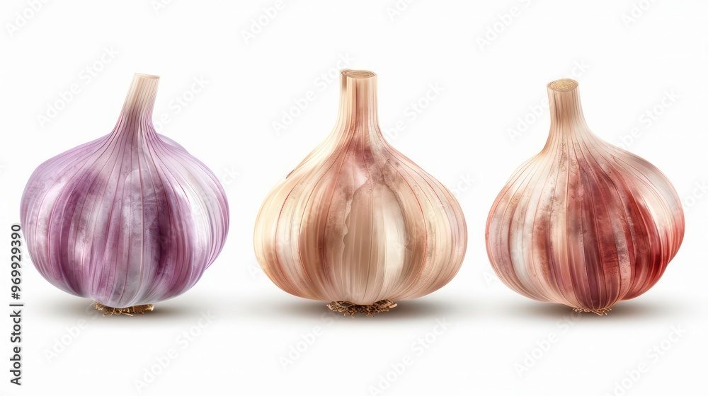 Three garlic bulbs isolated on white background, purple, brown, white. Three garlic bulbs isolated on white background, purple, brown, white.