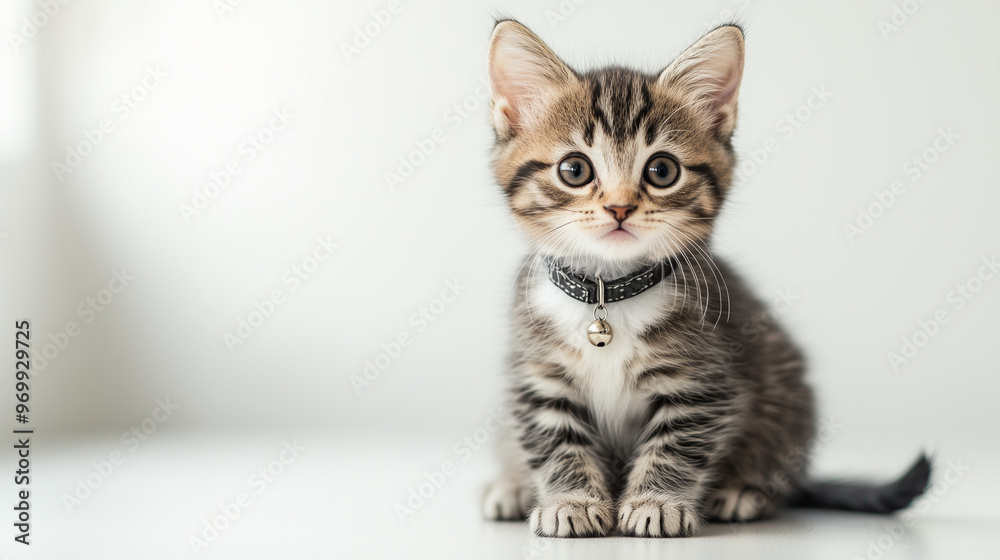 Obraz premium Adorable tabby kitten with big eyes and a black collar sits calmly on a white surface, exuding a curious and innocent charm.