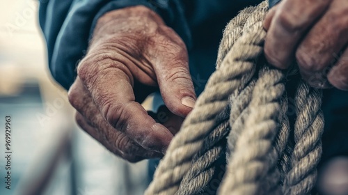 natural hemp rope being knotted by sailor or fisherman, close up of hands.