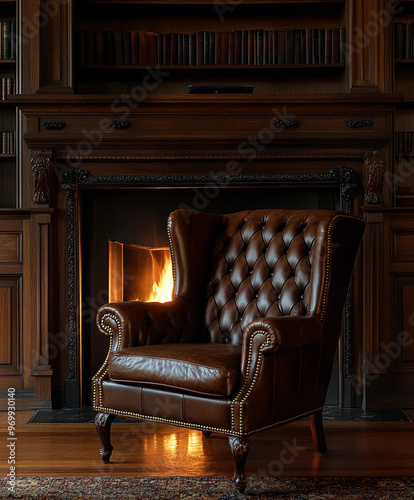 Classic wingback chair, dark brown leather, with tufted back and brass nailhead trim photo