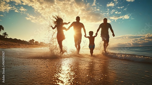 Running, water splash and happy family at beach with fun, bonding or freedom on summer, vacation and holiday. Travel, energy or kids with parents at ocean for adventure, journey or games in Florida