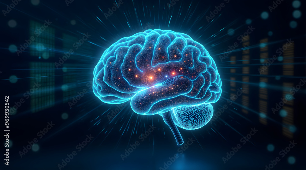Glowing digital brain with neural activity in a futuristic setting Glowing digital brain with neural activity in a futuristic setting