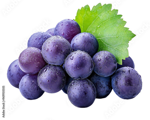 still fresh juicy pile of purple grapes with leaf isolated on transparent background, photo