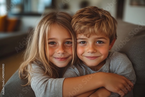 Family, hug and portrait of girl an boy in a living room, bonding and happy while enjoying quality time together. Face, happy family and sibling brother and sister embrace, playful and, Generative AI