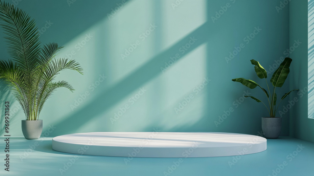 A simple, stylish 3D scene featuring a turquoise wall and a white platform. This minimalist backdrop is perfect for showcasing products in a modern setting.