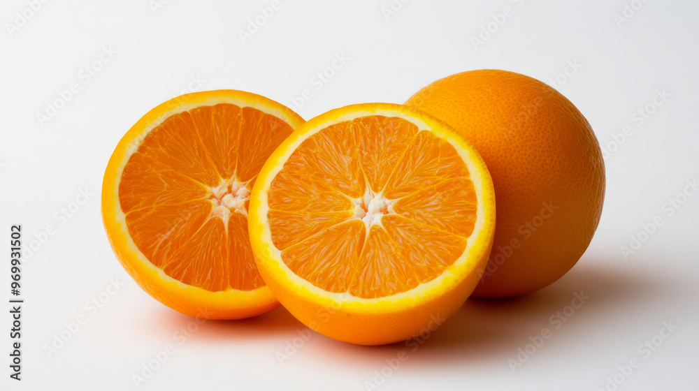 Fototapeta premium Oranges, whole and cut in half, are shown against a white background. They're a good source of vitamin C.