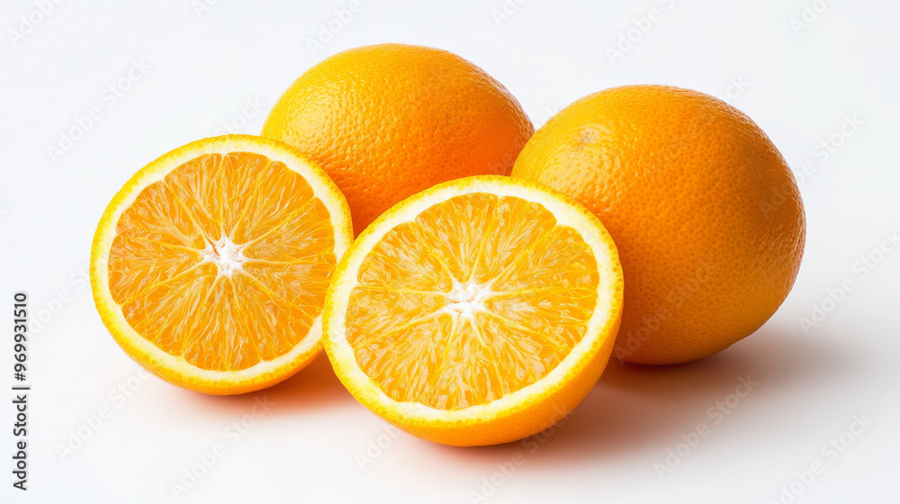 Oranges, whole and cut in half, are shown against a white background. They're a good source of vitamin C. Oranges, whole and cut in half, are shown against a white background. They're a good source of vitamin C.